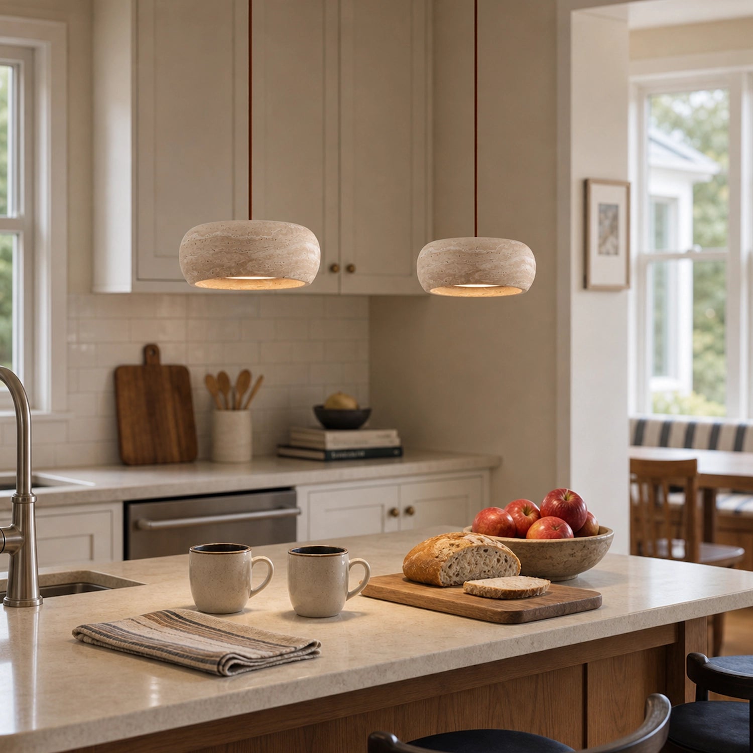 Round Travertine Pendant Light with Natural Stone Shade