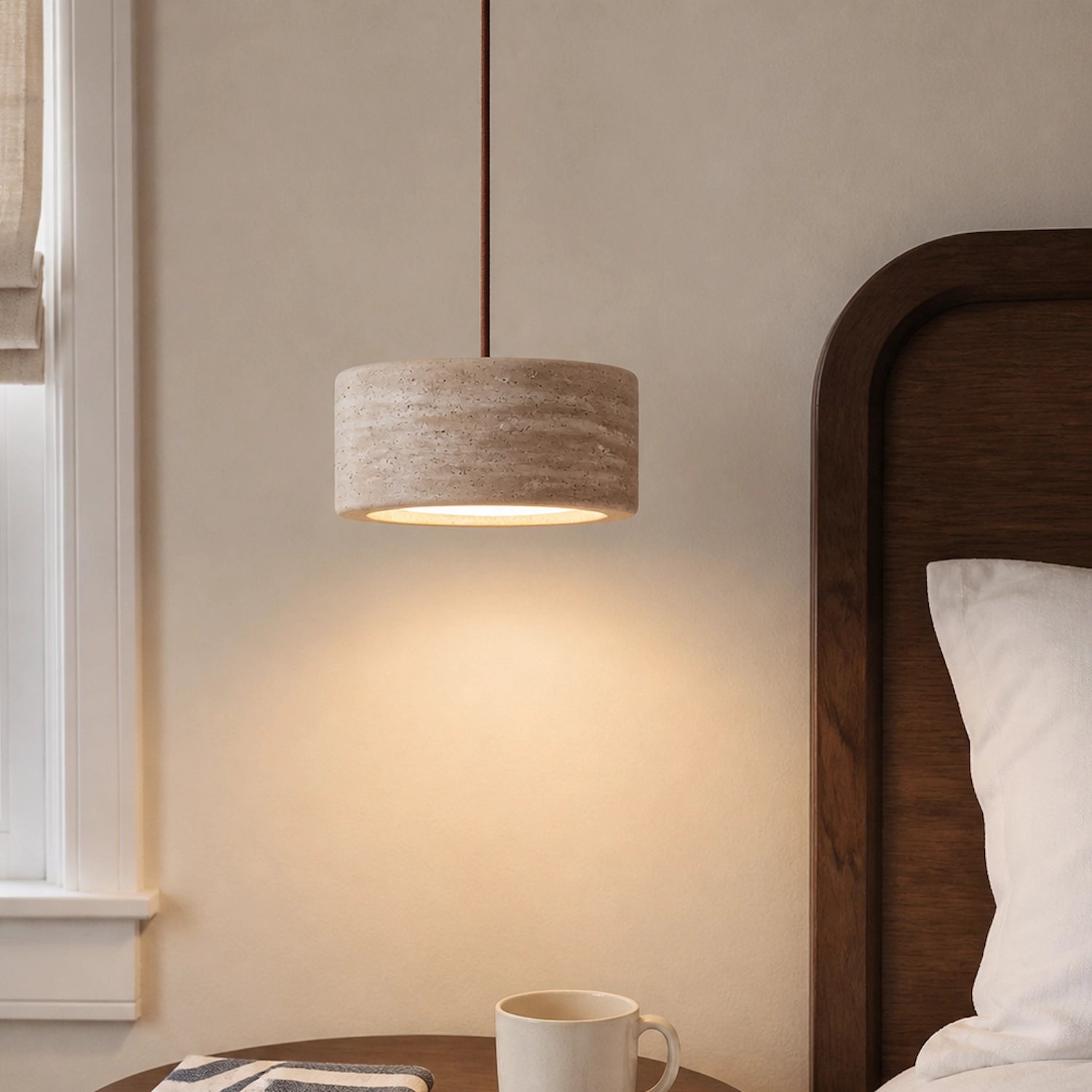 Round Travertine Pendant Light with Natural Stone Shade