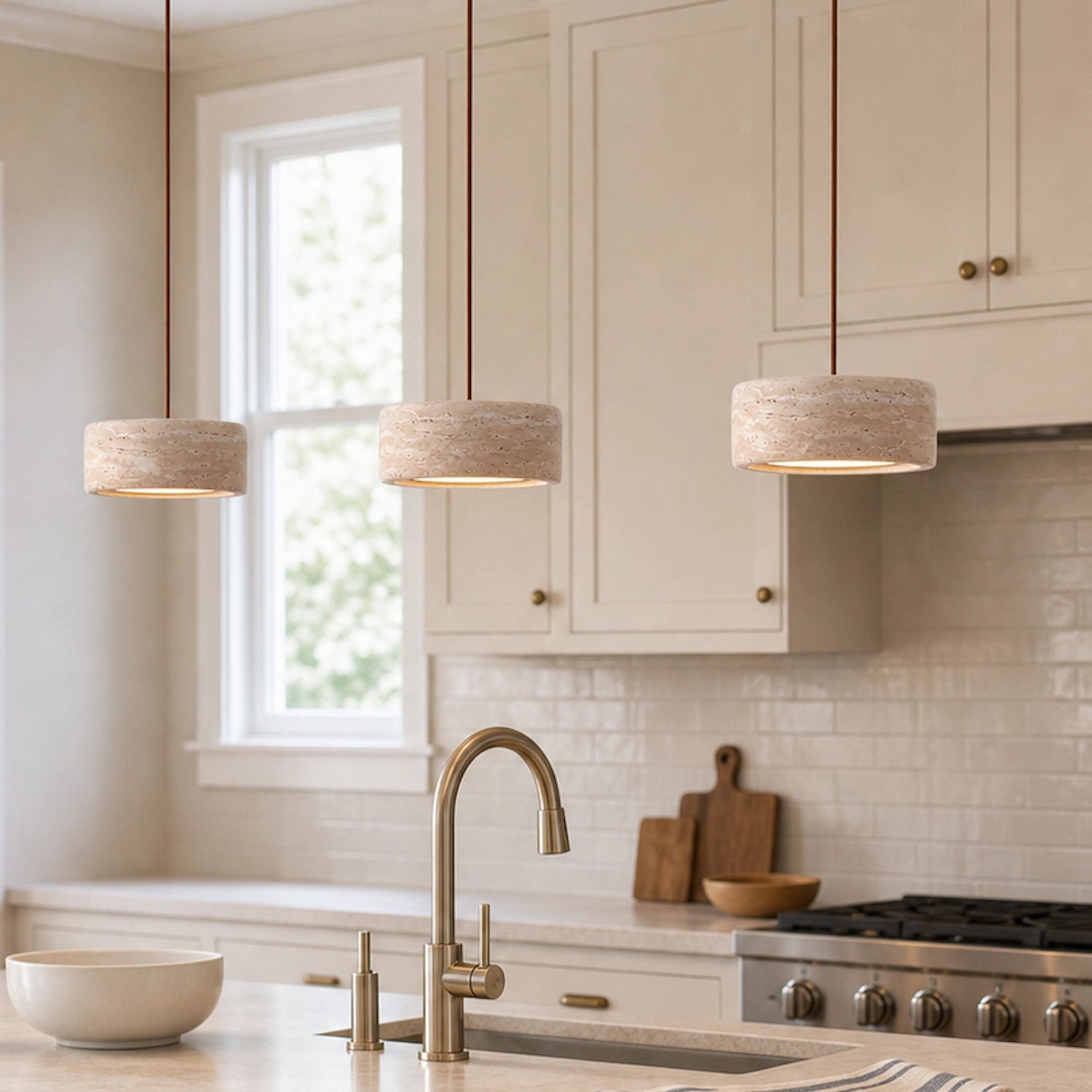 Round Travertine Pendant Light with Natural Stone Shade