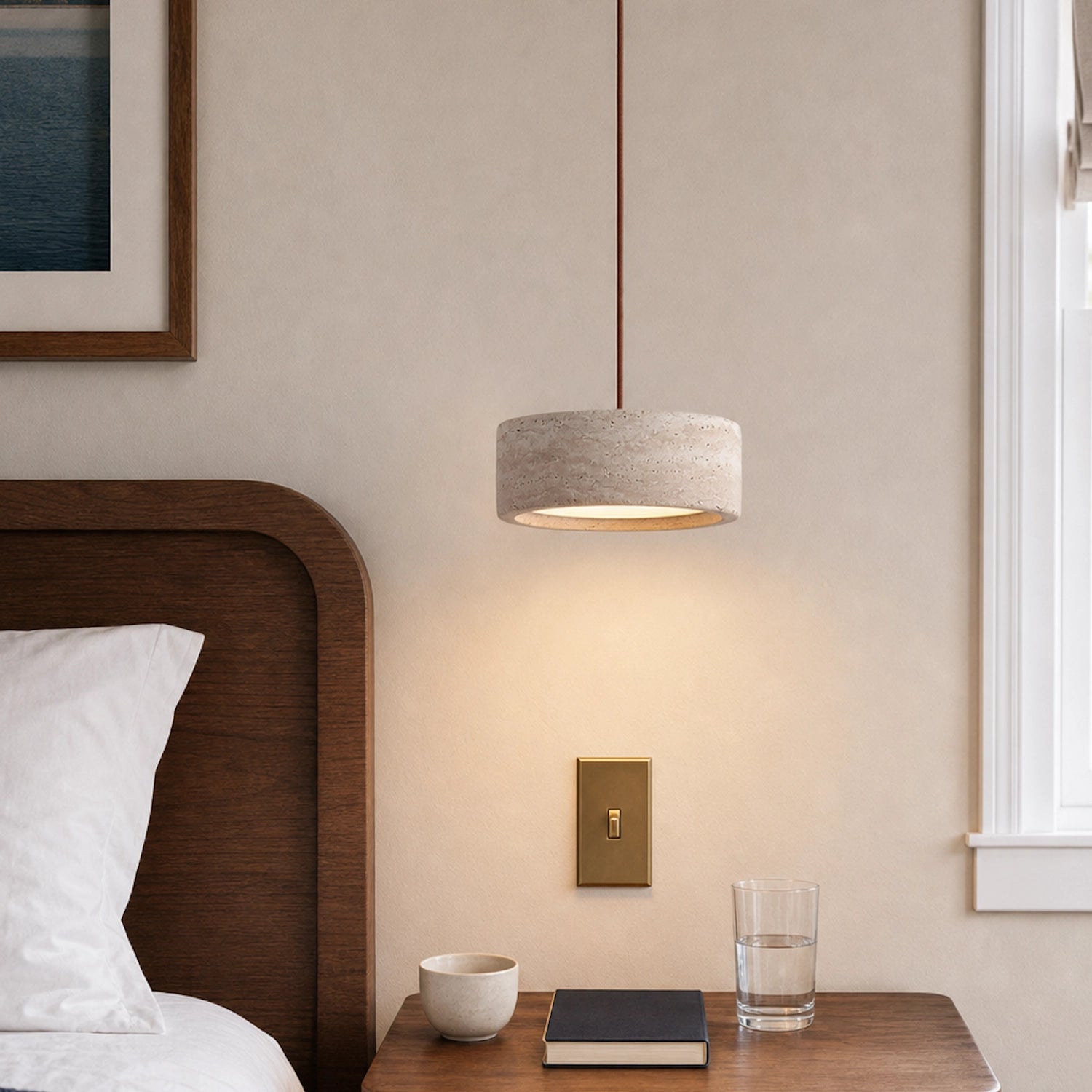 Round Travertine Pendant Light with Natural Stone Shade