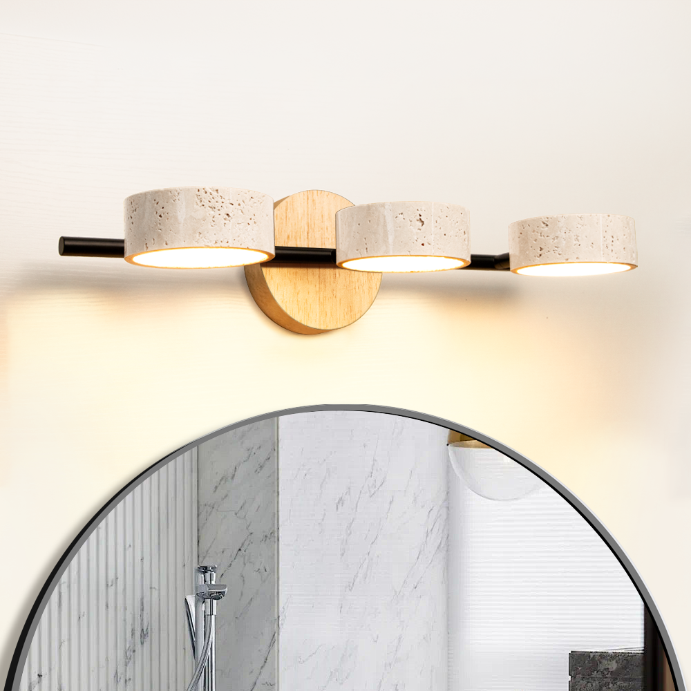 Round Travertine Vanity Light Wood &amp; Metal Wall Lamp
