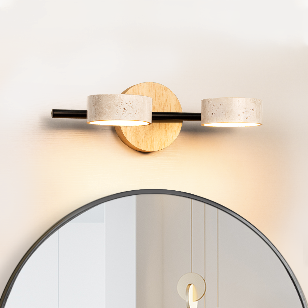 Round Travertine Vanity Light Wood &amp; Metal Wall Lamp