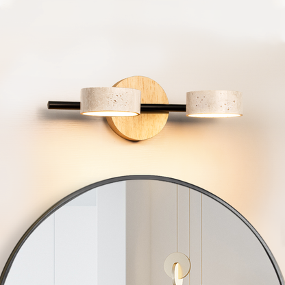 Round Travertine Vanity Light Wood &amp; Metal Wall Lamp