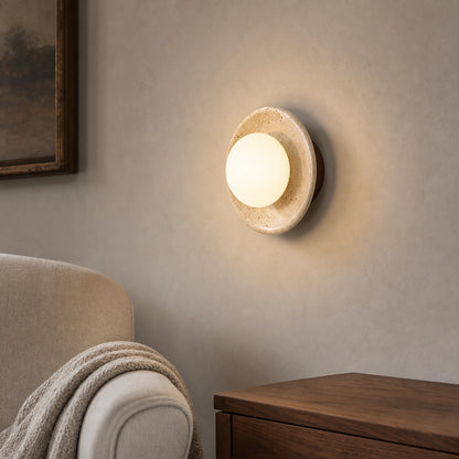Round Travertine Wall Mounted Light with Globe Glass Shade