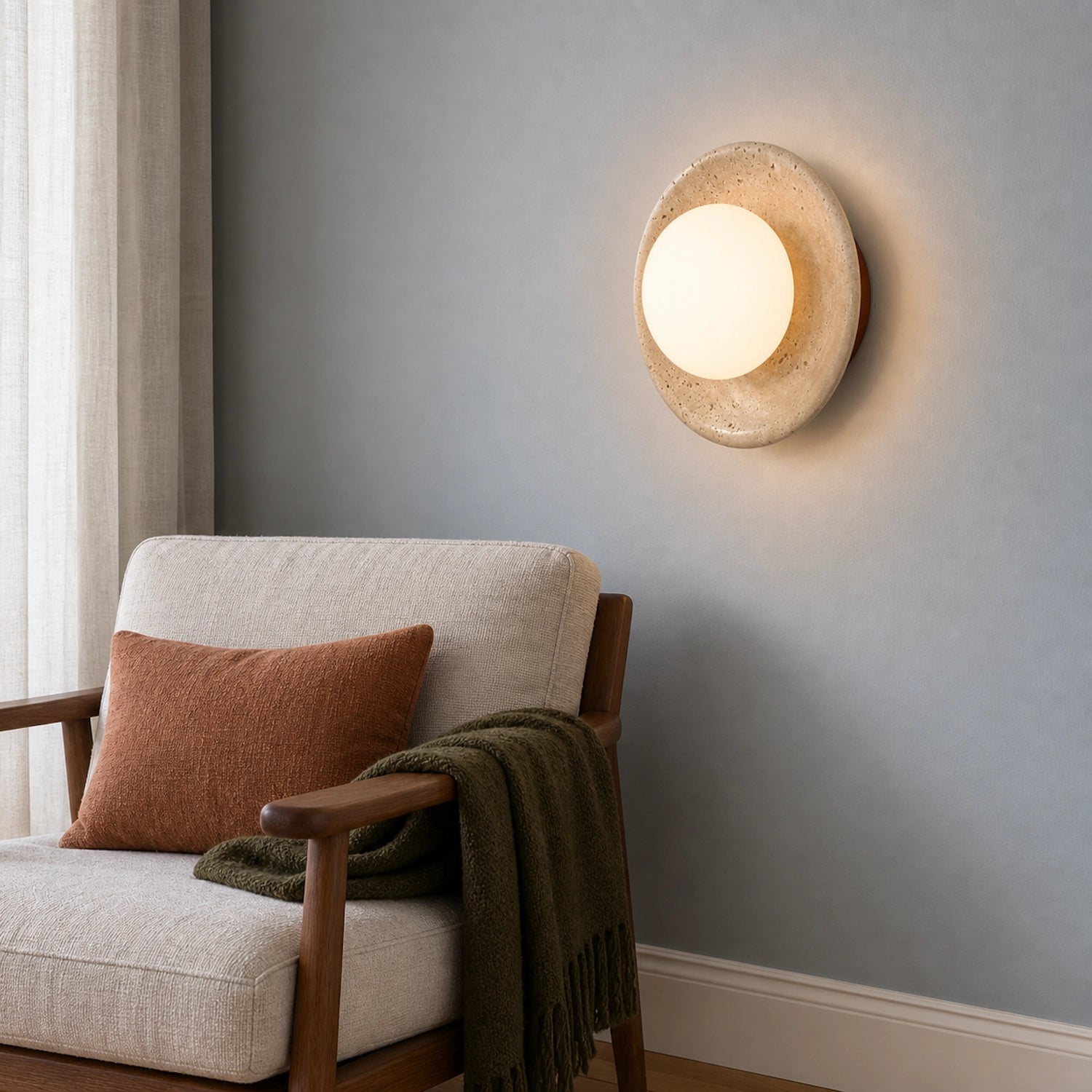 Round Travertine Wall Mounted Light with Globe Glass Shade