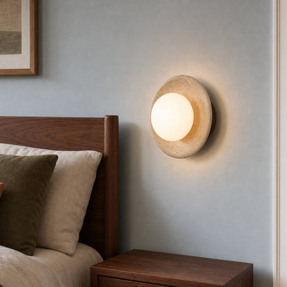 Round Travertine Wall Mounted Light with Globe Glass Shade