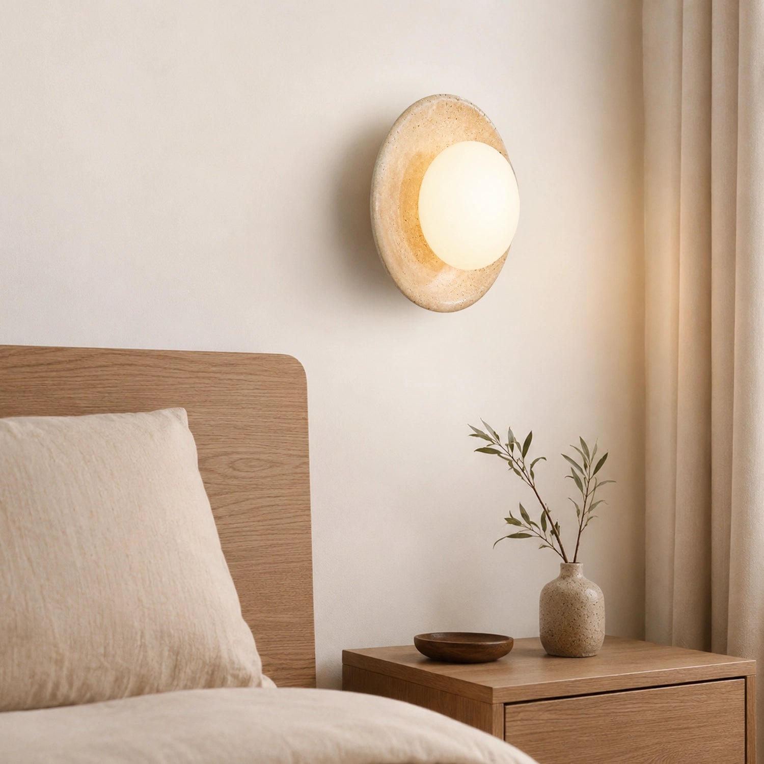 Round Travertine Wall Mounted Light with Globe Glass Shade