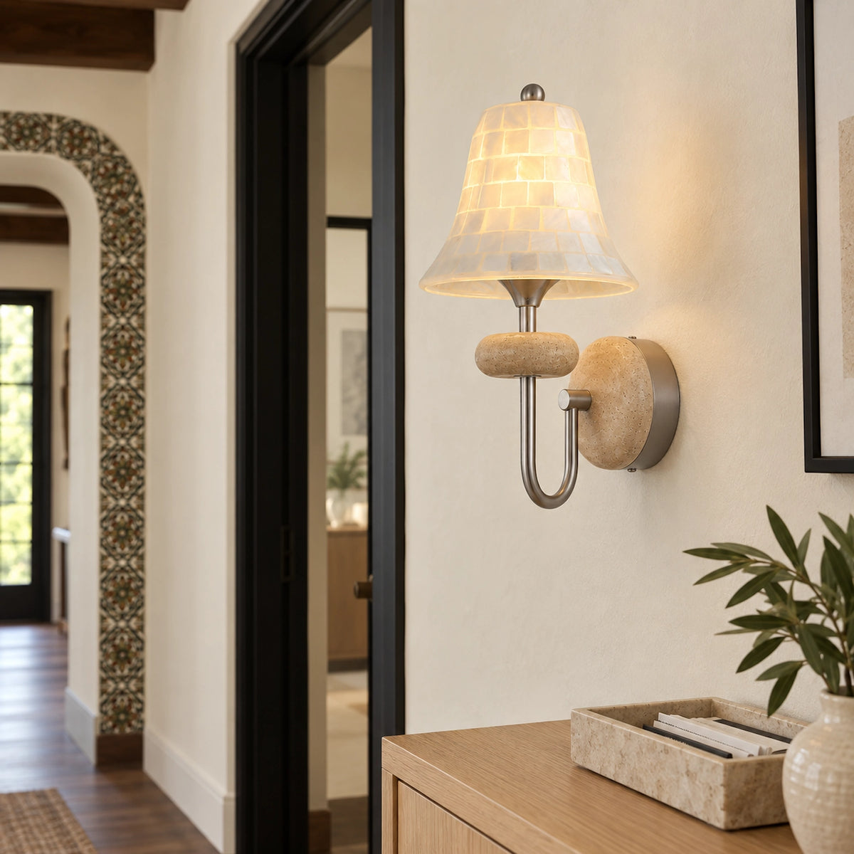 Shell Mosaic Wall Sconce with Domed Travertine Backplate