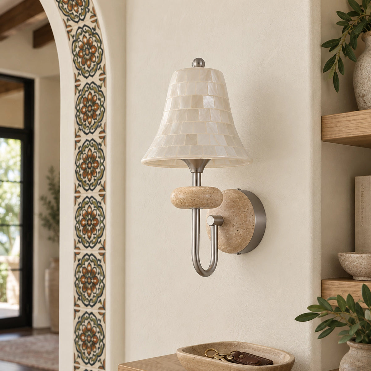 Shell Mosaic Wall Sconce with Domed Travertine Backplate