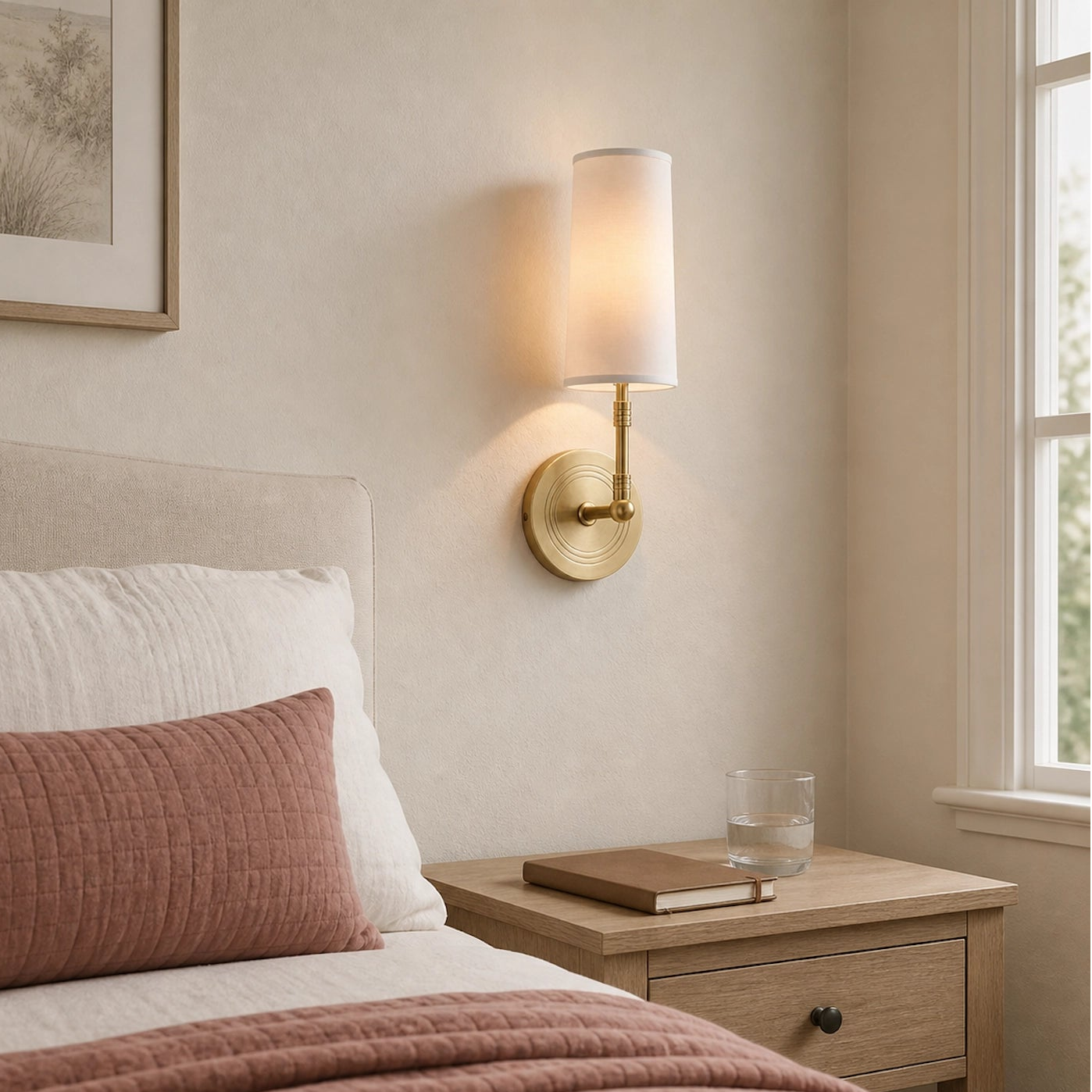 Solid Brass Wall Light Designer Fabric Shade Sconce