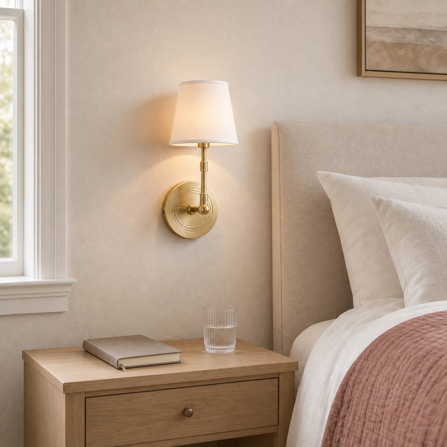 Solid Brass Wall Light Designer Fabric Shade Sconce