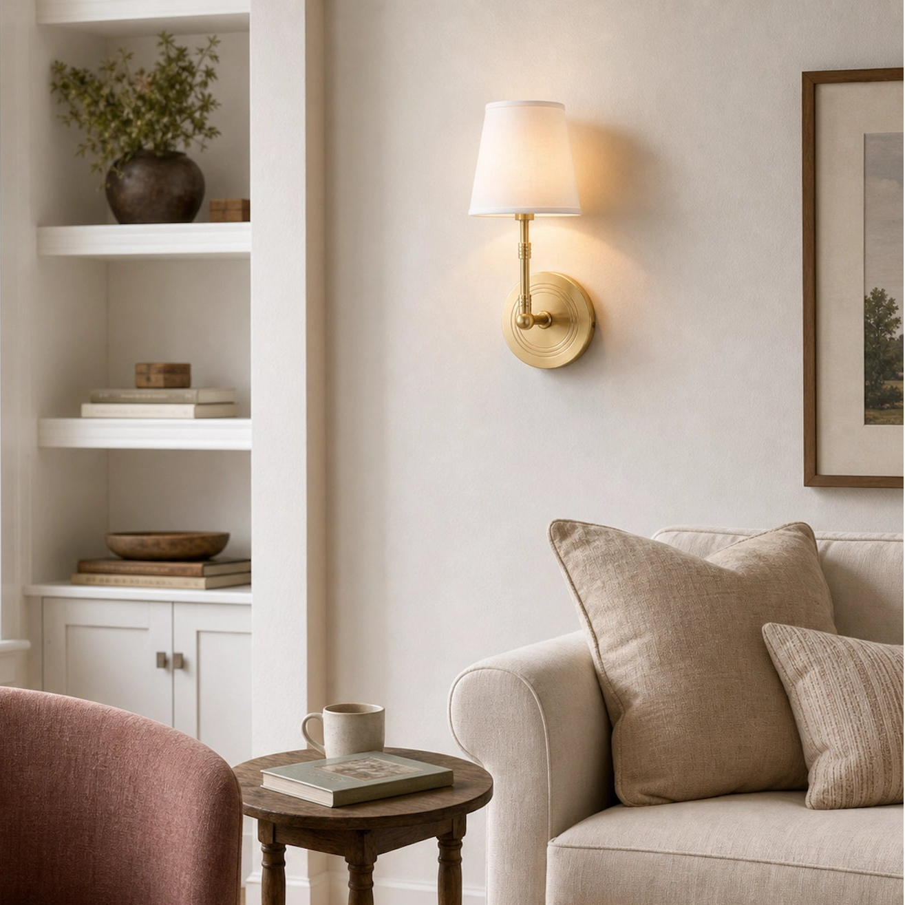 Solid Brass Wall Light Designer Fabric Shade Sconce