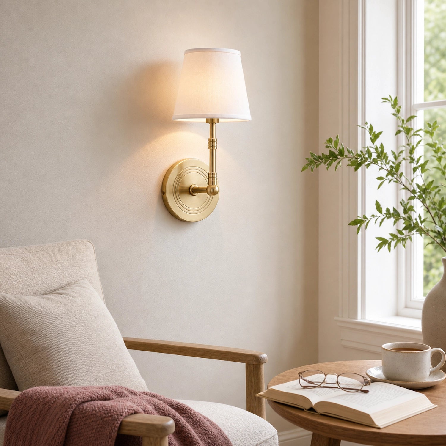 Solid Brass Wall Light Designer Fabric Shade Sconce