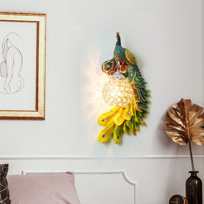 Stunning Resin Peacock Wall Sconce with Crystal Lampshade