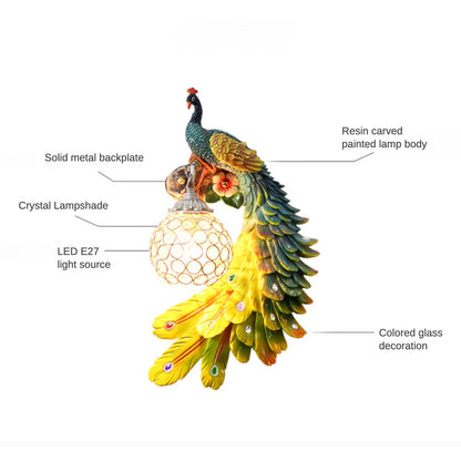 Stunning Resin Peacock Wall Sconce with Crystal Lampshade