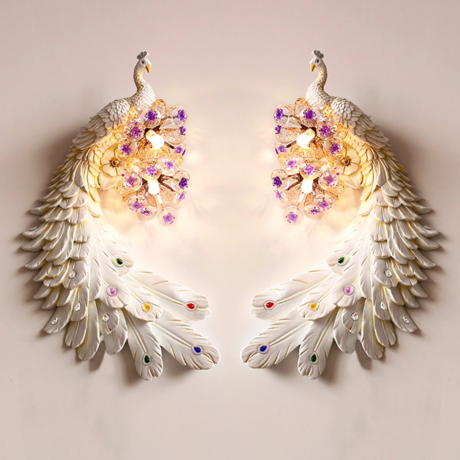 Stunning Resin Peacock Wall Sconce with Crystal Lampshade