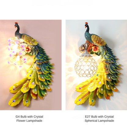 Stunning Resin Peacock Wall Sconce with Crystal Lampshade