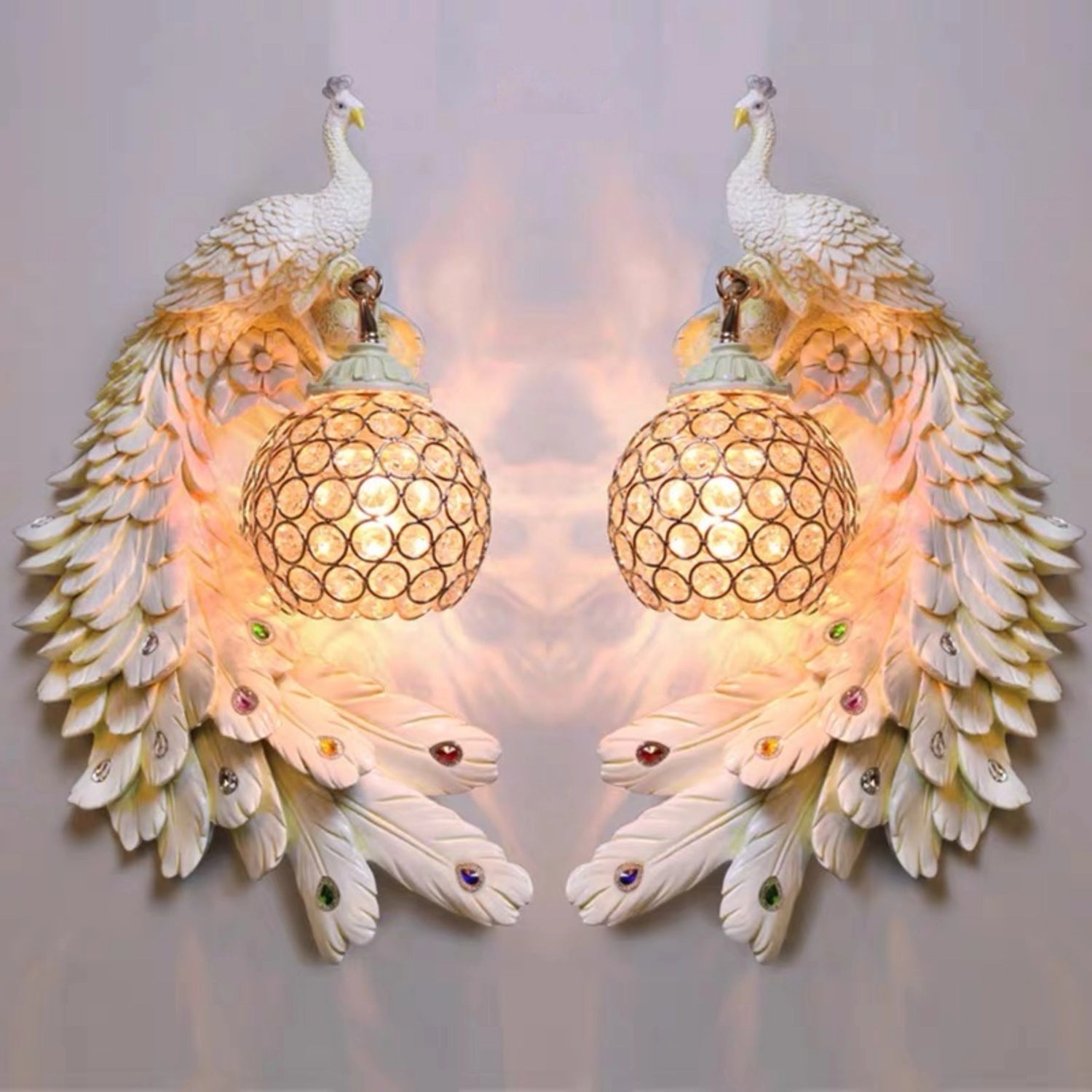 Stunning Resin Peacock Wall Sconce with Crystal Lampshade
