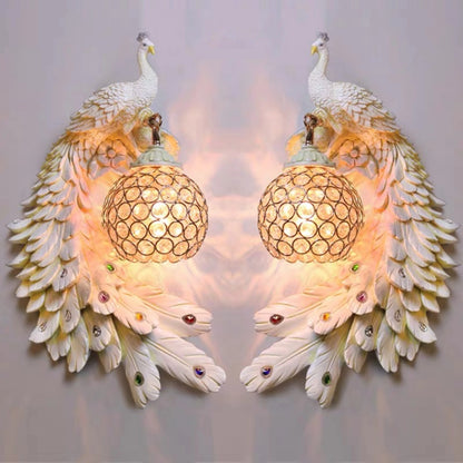 Stunning Resin Peacock Wall Sconce with Crystal Lampshade