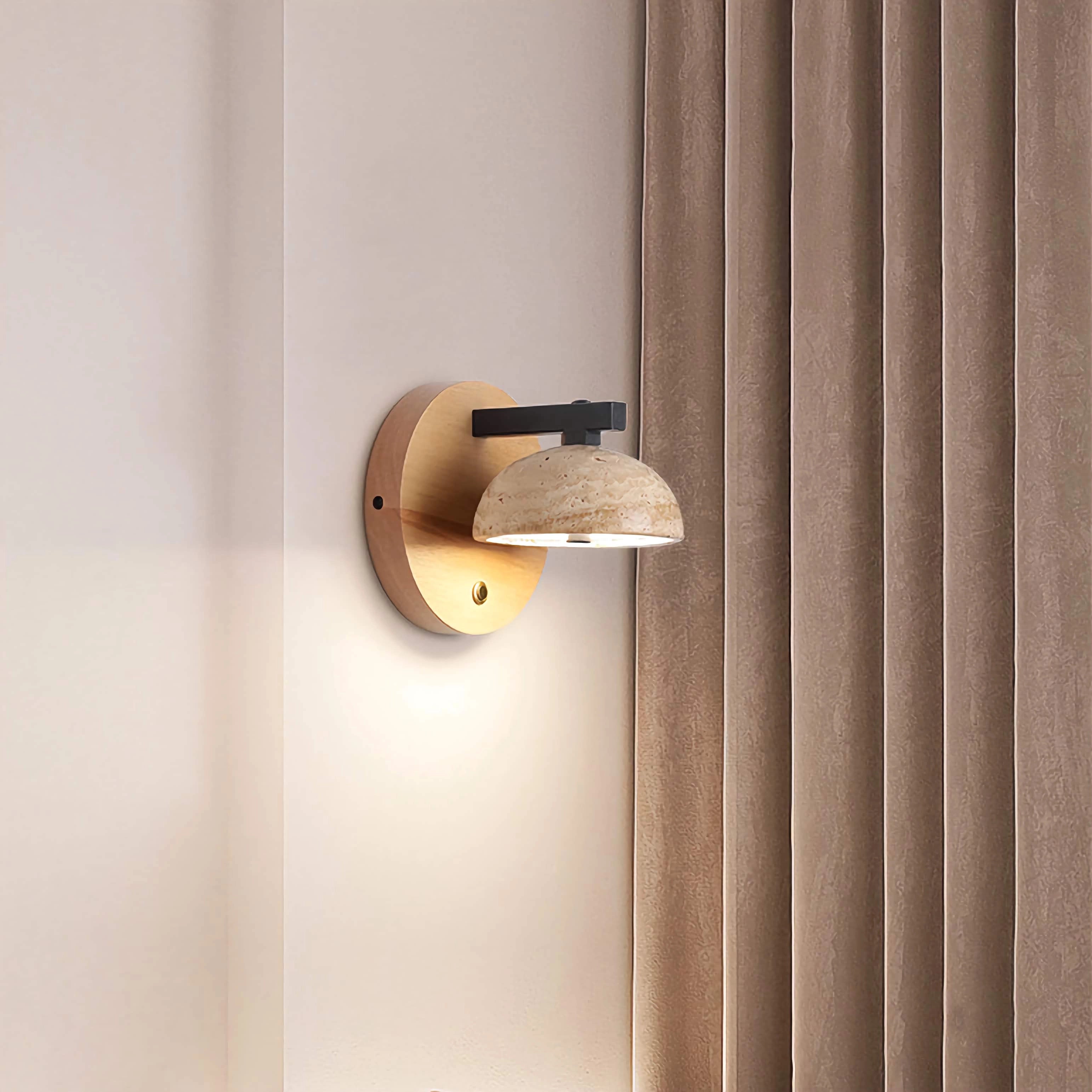 Travertine Wall Mounted Sconce Wood Round Bedside Lamp