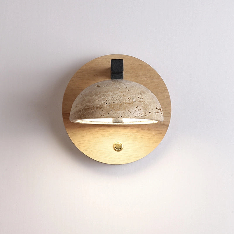Travertine Wall Mounted Sconce Wood Round Bedside Lamp