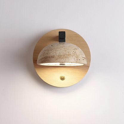 Travertine Wall Mounted Sconce Wood Round Bedside Lamp