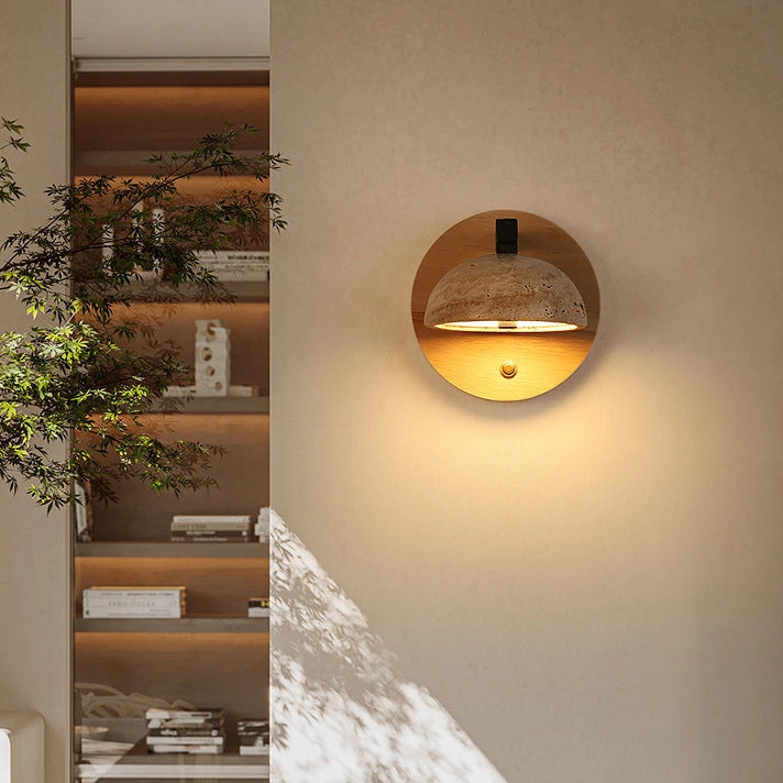 Travertine Wall Mounted Sconce Wood Round Bedside Lamp