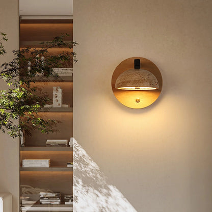 Travertine Wall Mounted Sconce Wood Round Bedside Lamp