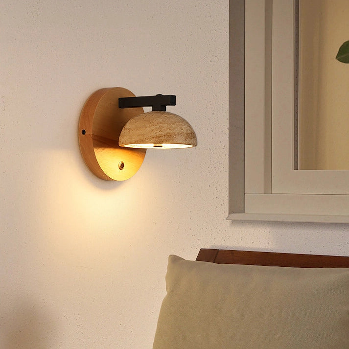 Travertine Wall Mounted Sconce Wood Round Bedside Lamp