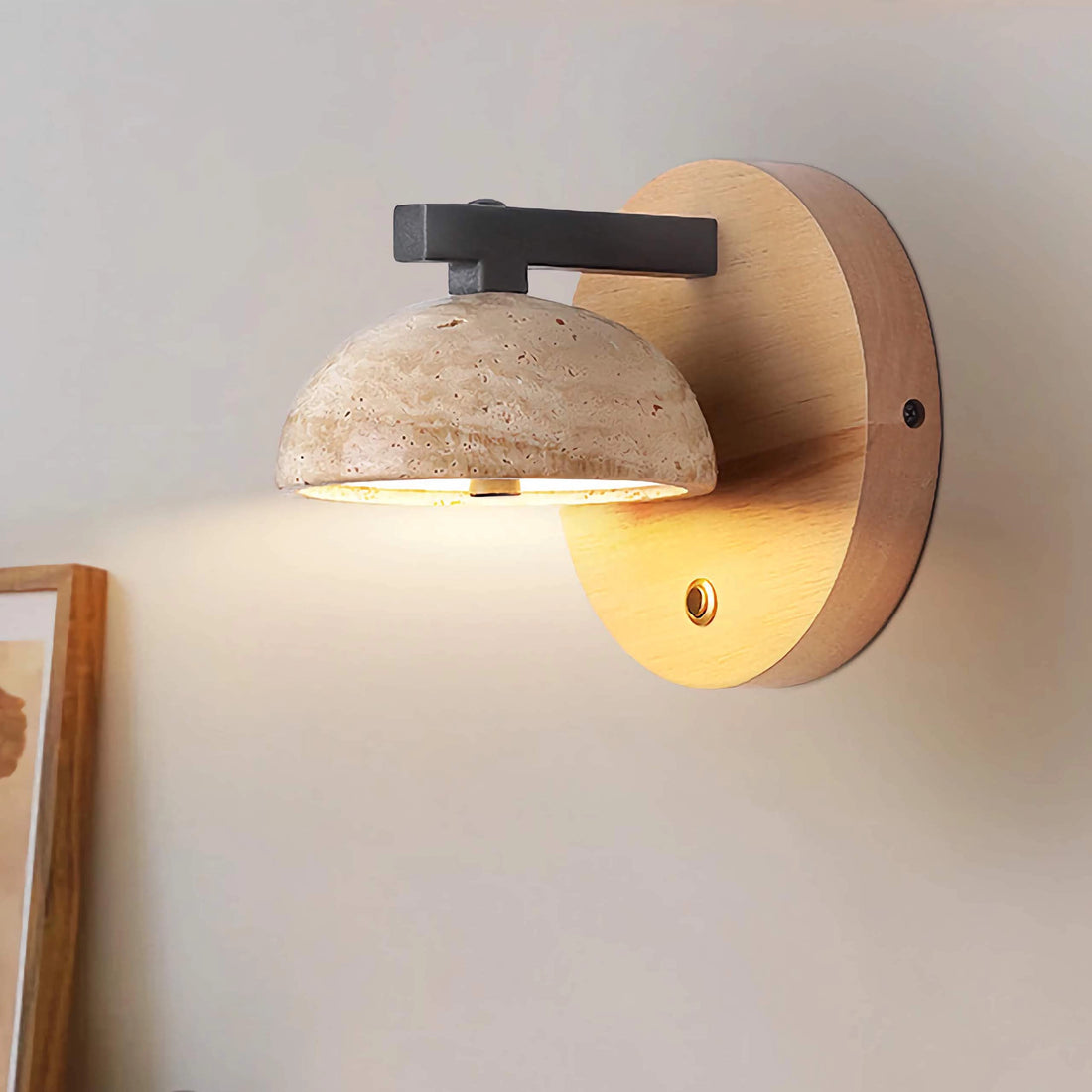 Travertine Wall Mounted Sconce Wood Round Bedside Lamp