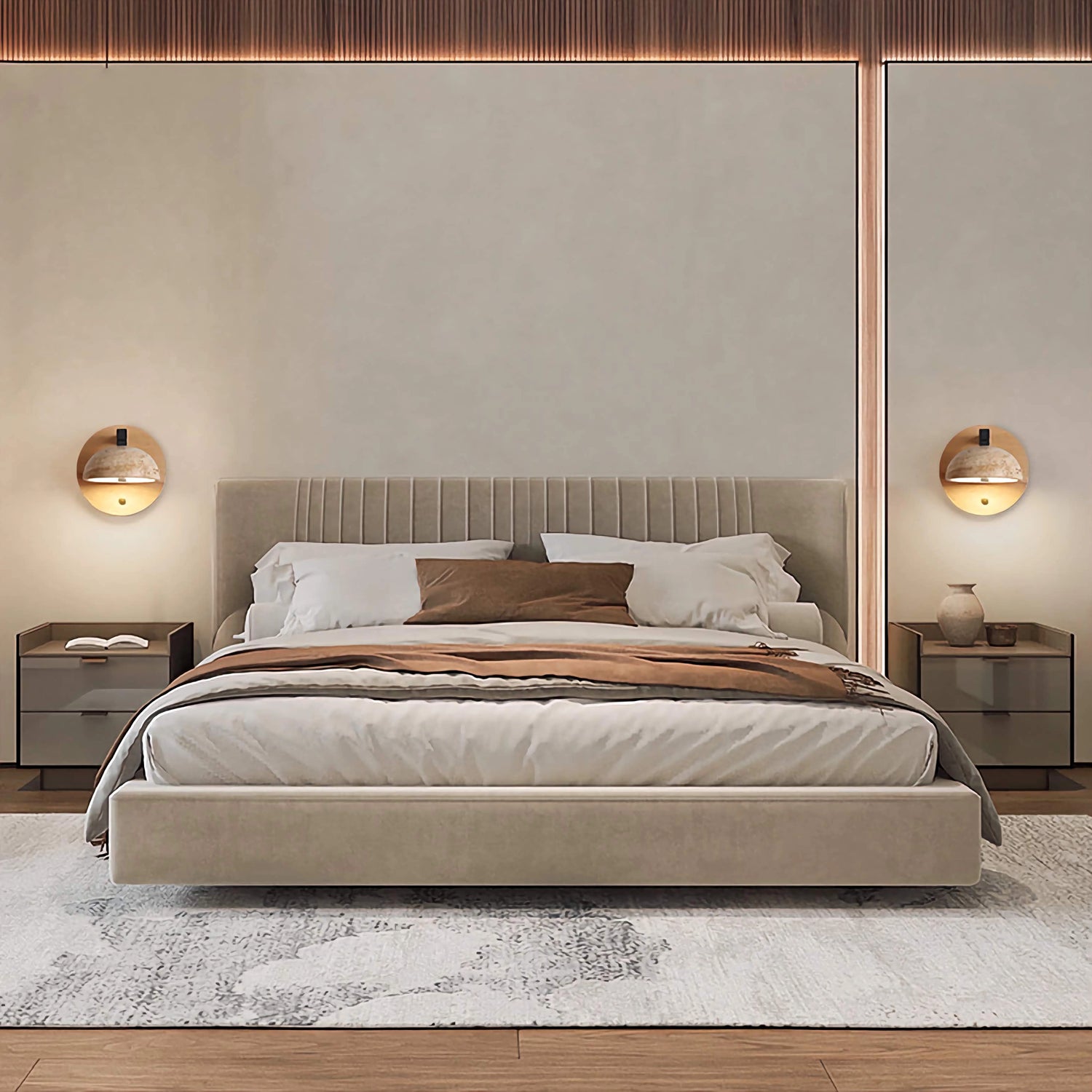 Travertine Wall Mounted Sconce Wood Round Bedside Lamp