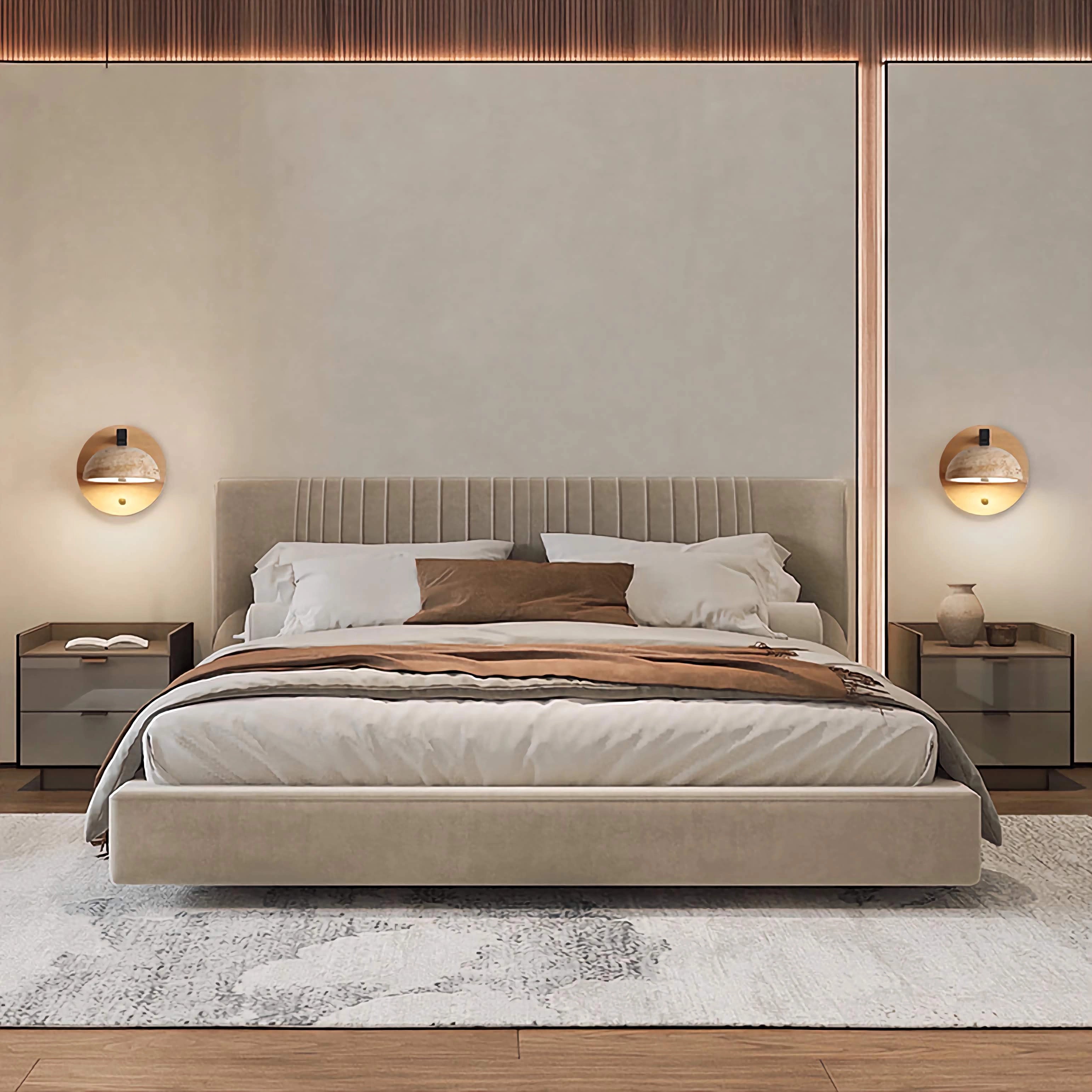 Travertine Wall Mounted Sconce Wood Round Bedside Lamp