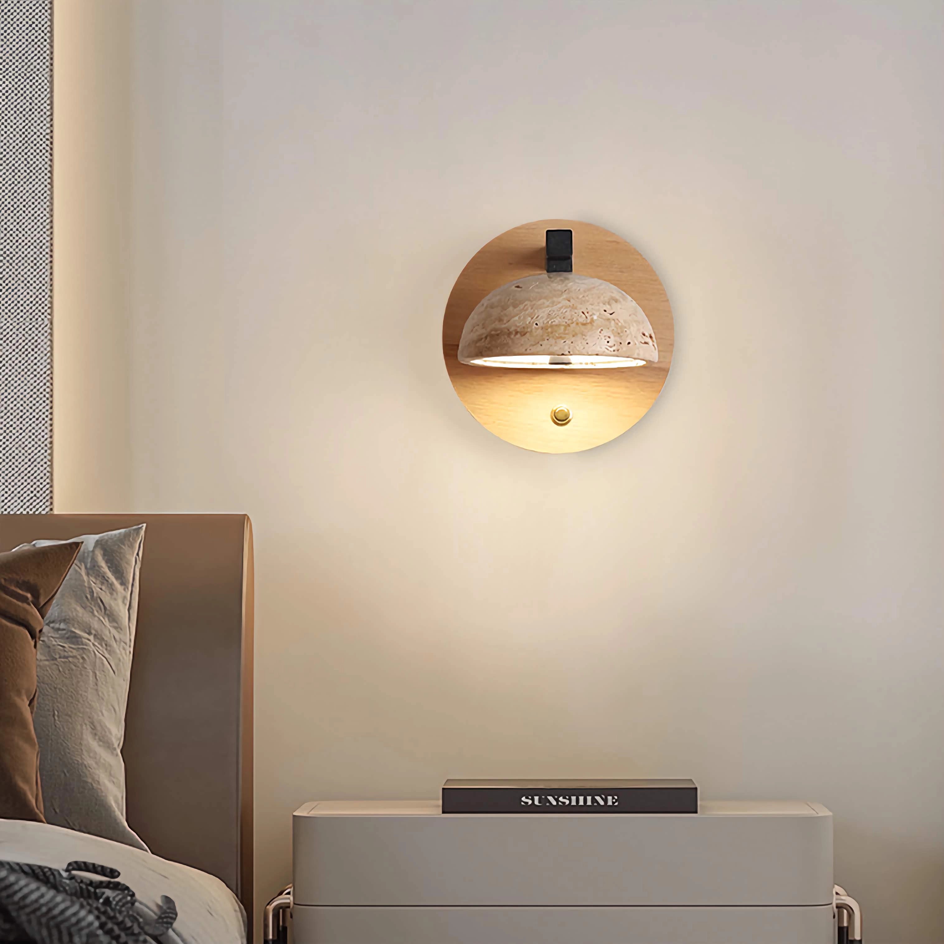 Travertine Wall Mounted Sconce Wood Round Bedside Lamp