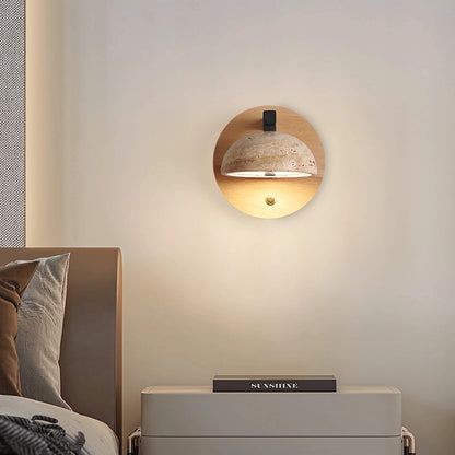 Travertine Wall Mounted Sconce Wood Round Bedside Lamp
