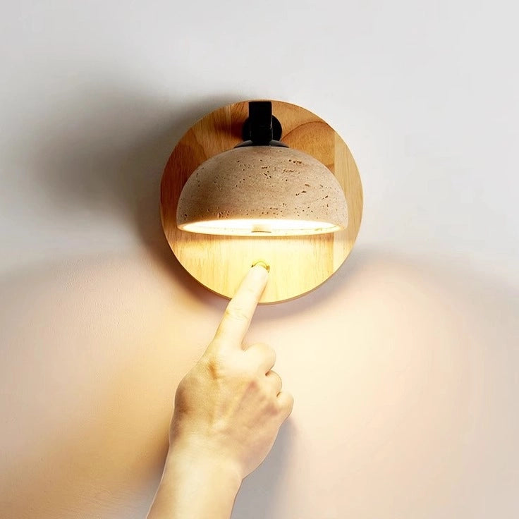 Travertine Wall Mounted Sconce Wood Round Bedside Lamp