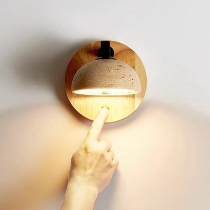 Travertine Wall Mounted Sconce Wood Round Bedside Lamp